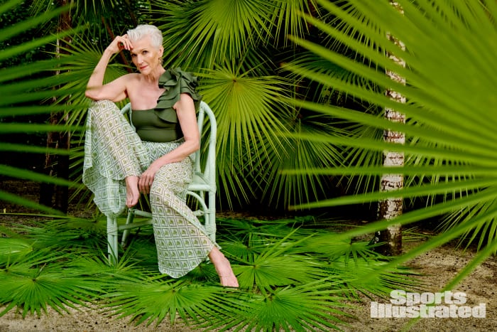 Maye Musk was photographed by Yu Tsai in Belize. Swimsuit by Maygel Coronel. Pants by Caroline Constas. Earrings by Cleopatra's Bling.